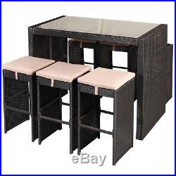 7 PCS Rattan Wicker Bar Table Stools Furniture Set Garden Backyard Patio Cushion