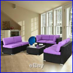7 PCS Rattan Wicker Patio Set Outdoor Sectional Sofa Furniture Purple Cushion
