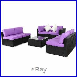 7 PCS Rattan Wicker Patio Set Outdoor Sectional Sofa Furniture Purple Cushion