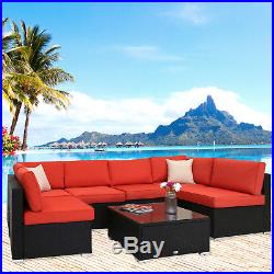 7 PC Indoor Patio Rattan Wicker Sofa Set Orange Cushion Sectional Garden Outdoor