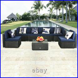7 PC Patio Sofa Conversation Sectional Checkered Wicker Rattan Seat Outdoor Blue