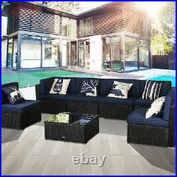 7 PC Patio Sofa Conversation Sectional Checkered Wicker Rattan Seat Outdoor Blue