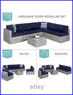 7-Piece Modular Outdoor Wicker Patio Conversation Set With2 Pillows, Table & Cover