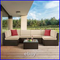 7 Piece Outdoor Patio Furniture Set, PE Rattan Wicker Sofa Set with Dining Table