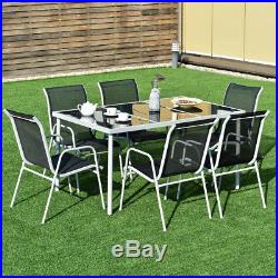 7 Piece Steel Table Chairs Dining Set Patio Furniture Outdoor Glass Table Top