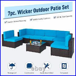 7pcs Outdoor Patio Furniture Set Rattan Wicker Sectional Sofa Glass Table Walnut