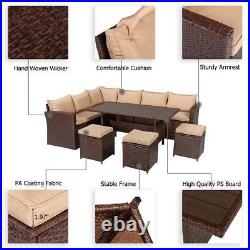 8PCS 9 Seats Patio Rattan Dining Set Cushioned Sofa Ottoman Table Yard Furniture