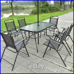 8PCS Patio Garden Set Furniture 6 Folding Chairs Table with Umbrella Gray