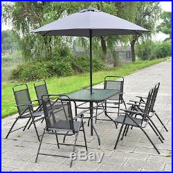 8PCS Patio Garden Set Furniture 6 Folding Chairs Table with Umbrella Gray New