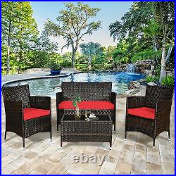 8PCS Patio Rattan Conversation Furniture Set Outdoor with Red Cushion