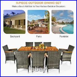 9PCS Outdoor Dining Set Patio Acacia Wood and Rattan Furniture Set with Cushions