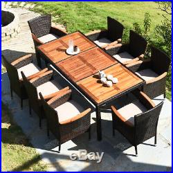 9PCS Patio Rattan Dining Set 8 Chairs Cushioned Acacia Table Top Home Outdoor