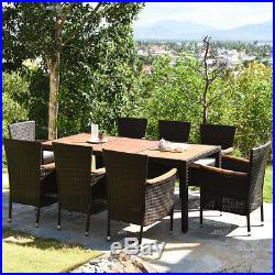 9PCS Patio Rattan Dining Set 8 Chairs Cushioned Acacia Table Top Home Outdoor
