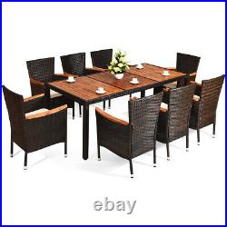 9PCS Patio Rattan Dining Set 8 Stackable Chairs Cushioned Acacia Wood Table Top