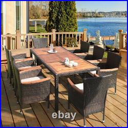 9PCS Patio Rattan Dining Set 8 Stackable Chairs Cushioned Acacia Wood Table Top