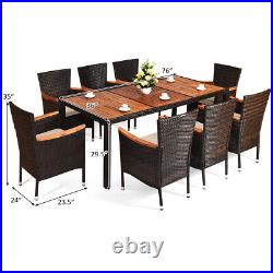 9PCS Patio Rattan Dining Set 8 Stackable Chairs Cushioned Wood Table Top Outdoor