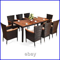 9PCS Patio Rattan Dining Set 8 Stackable Chairs Cushioned Wood Table Top Outdoor