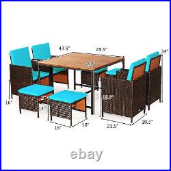 9PCS Rattan Wicker Dining Set Patio Outdoor Furniture Set with Turquoise Cushion