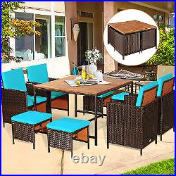 9PCS Rattan Wicker Dining Set Patio Outdoor Furniture Set with Turquoise Cushion