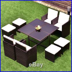 9 PCS Dining Set Wicker Rattan Cube Garden Furniture Table Sofa Patio Couch Set