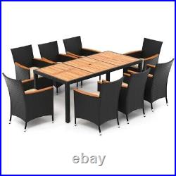 9 PCS Outdoor Dining Conversation Set Garden Rattan 8 Chairs & Acacia Wood Table