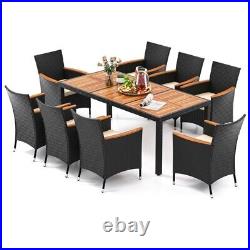 9 PCS Outdoor Dining Conversation Set Garden Rattan 8 Chairs & Acacia Wood Table