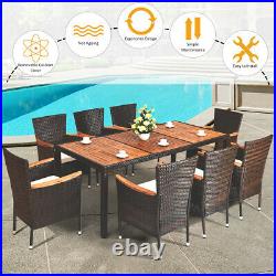 9 PCS Patio Rattan Dining Set 8 Chairs Cushioned Acacia Table Top Outdoor Furni