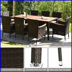 9 PCS Patio Rattan Dining Set 8 Chairs Cushioned Acacia Table Top Outdoor Furni