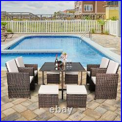9 PCS Patio Rattan Sofa Wicker Sectional Cushioned Furniture Dining Table Set US