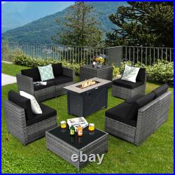 9 Pcs Patio Rattan Furniture Set Fire Pit Table Storage Black With Cover