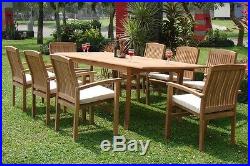 9-Piece Outdoor Teak Dining Set 83 Rectangle Table, 8 Stacking Arm Chairs Wave