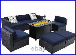 9 Piece Patio Furniture Sectional Sofa with Gas Fire Pit Table Rattan Party Set