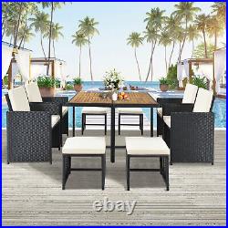 9-Piece Patio Furniture Set Outdoor PE Rattan Conversation Set 4 Chairs 4 Stools