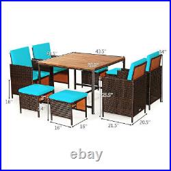 9 Pieces Patio Rattan Dining Cushioned Chairs Set-Turquoise Color Turquoise