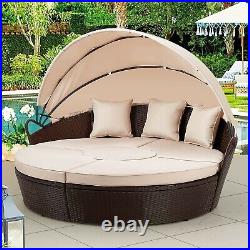 AECOJOY 5pcs Patio Wicker Furniture Outdoor Round Daybed with Retractable Canopy