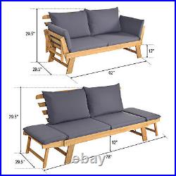 Adjustable Patio Sofa Daybed Acacia Wood Furniture with Cushion Pillow