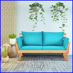 Adjustable Patio Sofa Daybed Acacia Wood Furniture with Turquoise Cushions