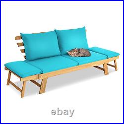 Adjustable Patio Sofa Daybed Acacia Wood Furniture with Turquoise Cushions