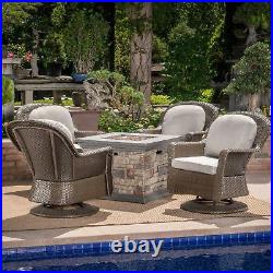 Alameda Outdoor 5 Piece Wicker Swivel Chat Set with Stone Finished Fire Pit