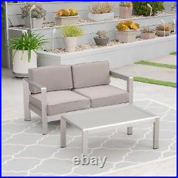 Alec Outdoor Aluminum Loveseat and Tempered Glass-Topped Coffee Table