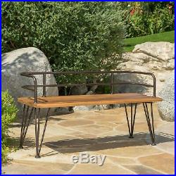 Avy Outdoor Rustic Industrial Acacia Wood Bench with Metal Hairpin Legs, Teak