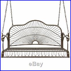 BCP Hanging Iron Porch Swing Patio Furniture with Armrests, Chains Brown