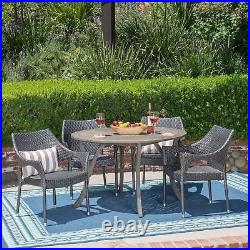 Baish Outdoor 5 Piece Acacia Wood and Wicker Dining Set