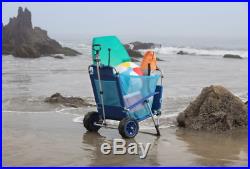 Beach Chaise Lounger and Pull Cart Outdoor Adjustable Chair Pillow 2 Wheels Blue