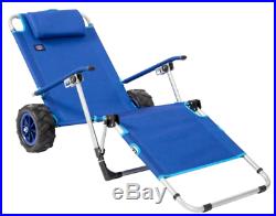 Beach Chaise Lounger and Pull Cart Outdoor Adjustable Chair Pillow 2 Wheels Blue