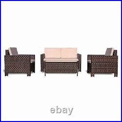 Brown 4PCS Outdoor Rattan Furniture Set Sofa Table Storage Shelf