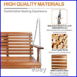CLARFEY Porch Hanging Swing Chair Wood Bench 2-Person Loveseat Patio Cup Holder