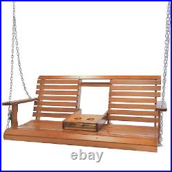 CLARFEY Porch Hanging Swing Chair Wood Bench 2-Person Loveseat Patio Cup Holder