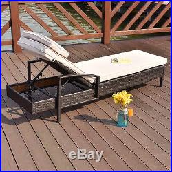 Chaise Lounge Chair Brown Outdoor Wicker Rattan Couch Patio Furniture WithPillow