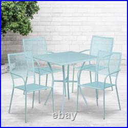 Commercial Grade 28 Square Metal Garden Patio Table Set with 4 Square Back Chairs